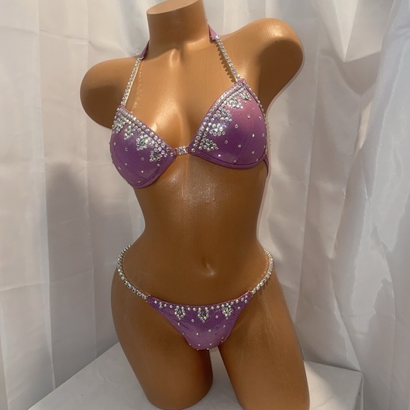 Purple Competition bikini Posing suit handmade 32B cup small bottom AB Crystal - Picture 3 of 5